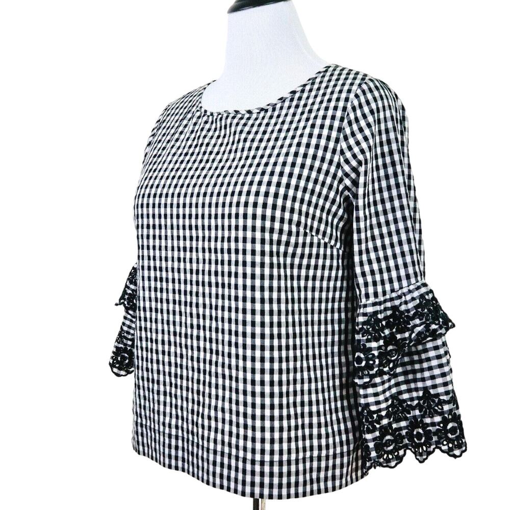 J Crew Size 8 Tiered Bell Sleeve Blouse Gingham Black White Check